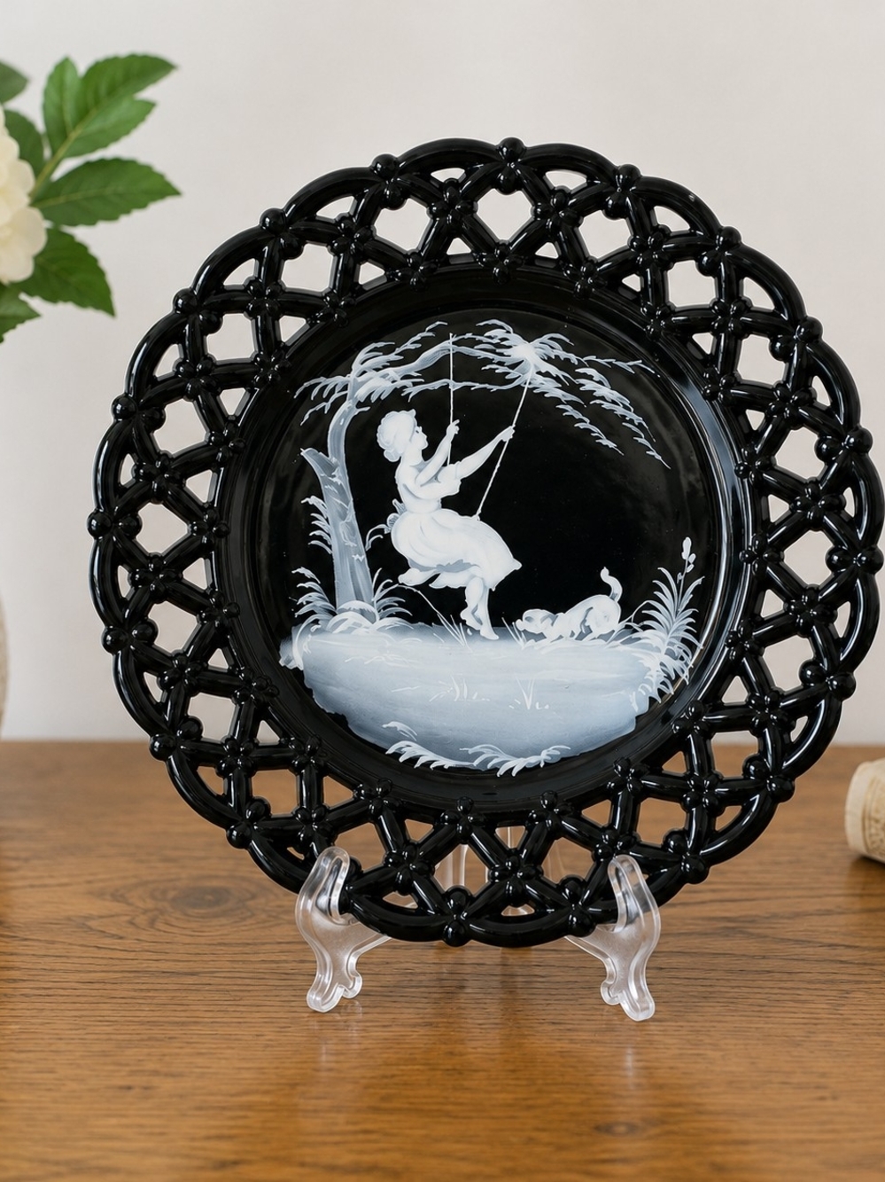 Westmoreland Mary Gregory Black Glass Hand-Painted Plate